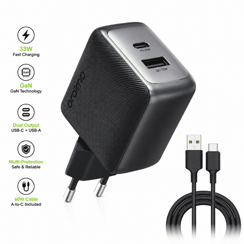 Oraimo PowerGaN 33 Pro 33W GaN Wall Dual Output Adapter With Type-C Cable Black